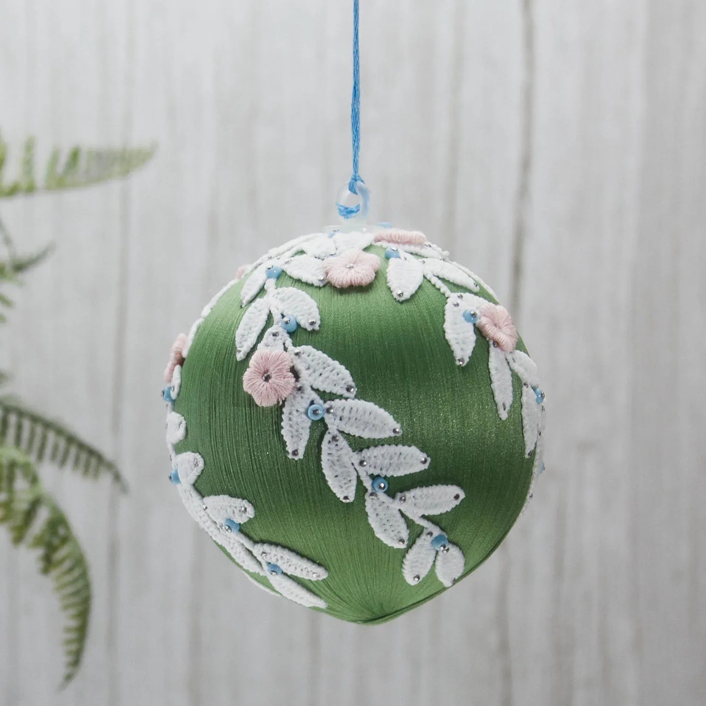 Christmas or Easter Beaded Ornament Ball embellished with flowers, trim, and beads. Handmade. (Olive).