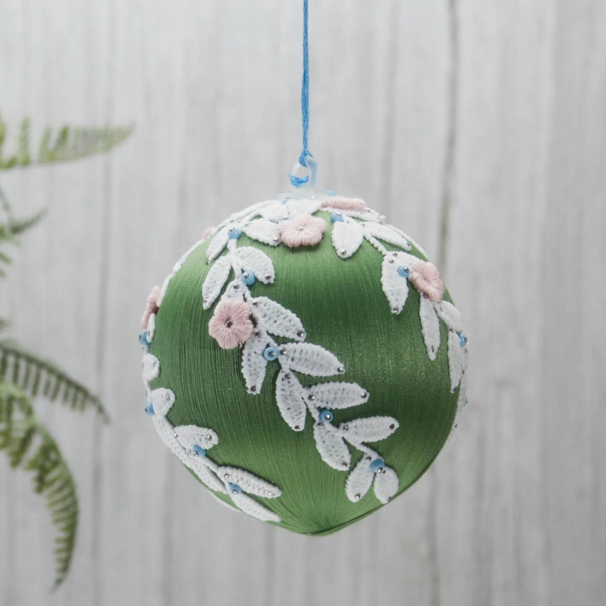 Christmas or Easter Beaded Ornament Ball embellished with flowers, trim, and beads. Handmade. (Olive).