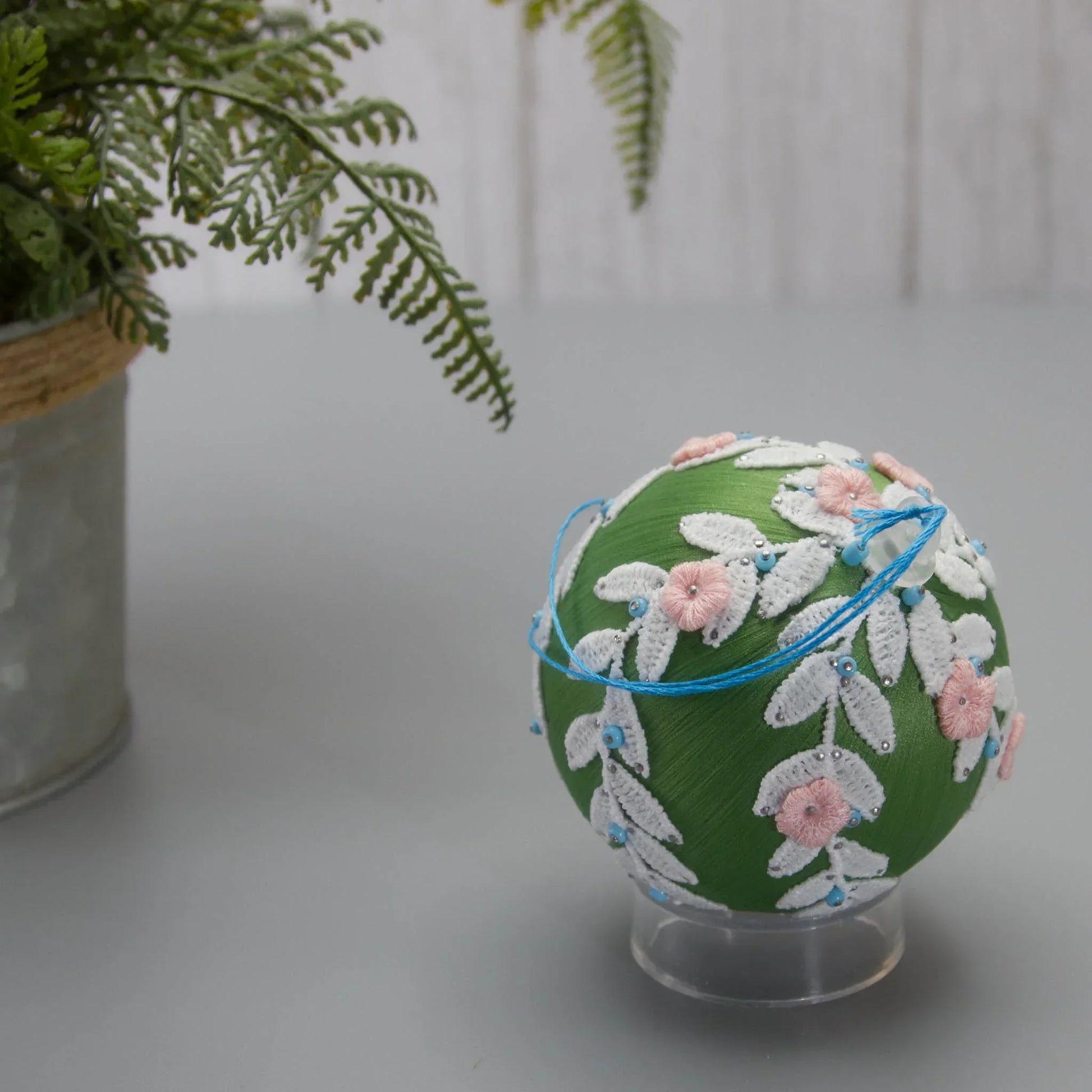 Christmas or Easter Beaded Ornament Ball embellished with flowers, trim, and beads. Handmade. Top Detail. (Olive).