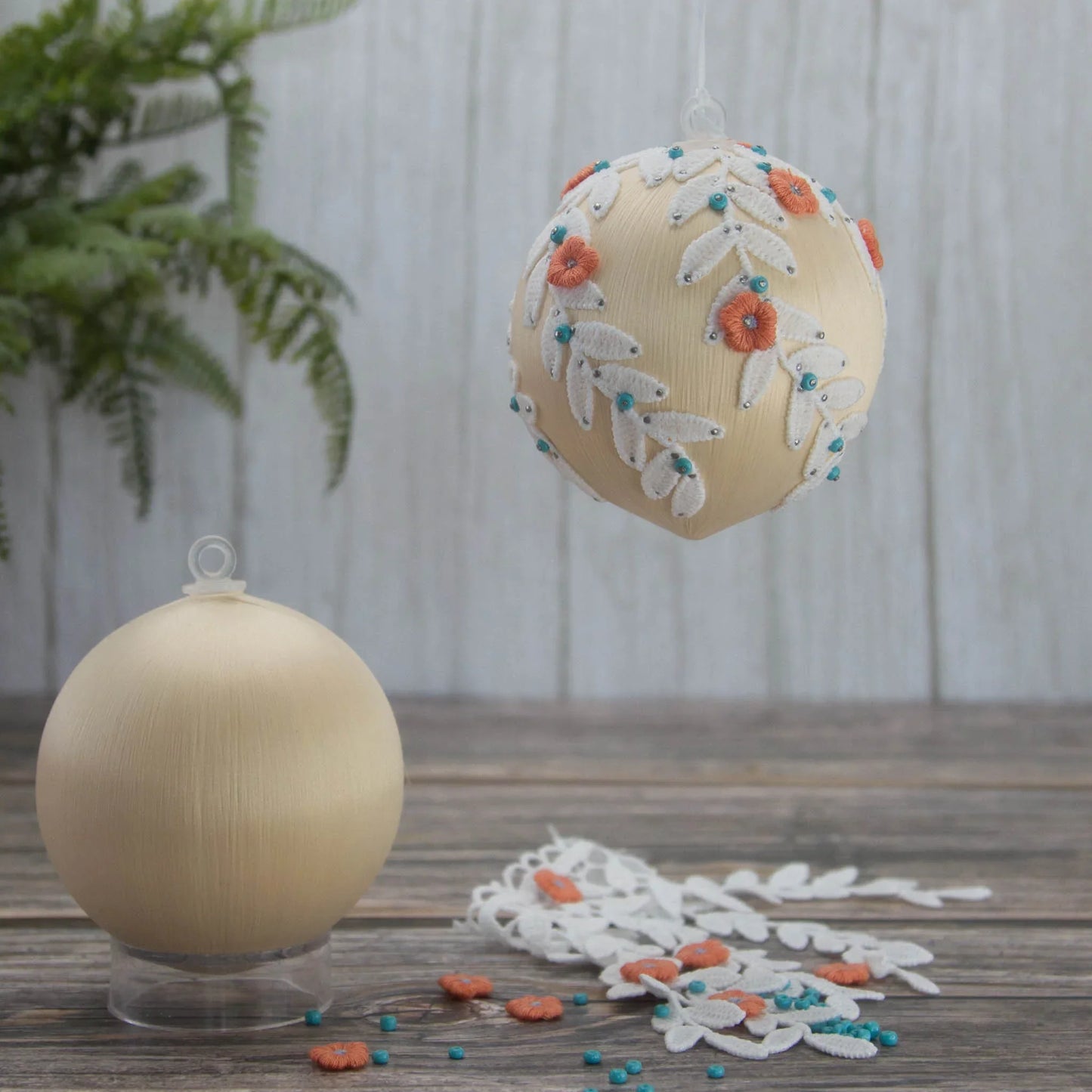Christmas or Easter Beaded Ornament Ball Kit Project, DIY using pins and embelishments. (Papaya Whip).