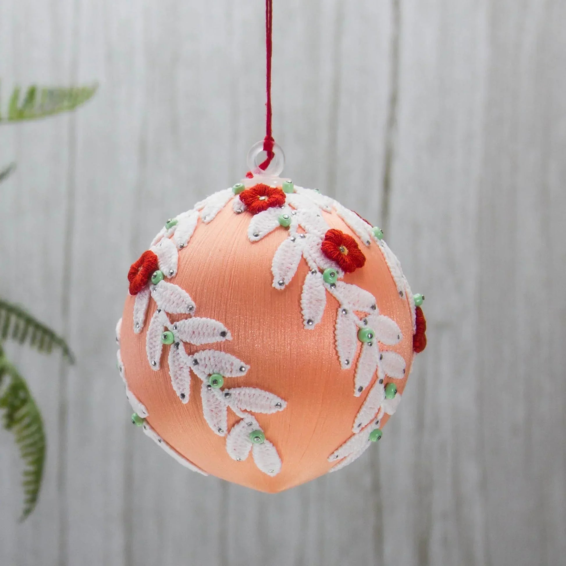 Christmas or Easter Beaded Ornament Ball embellished with flowers, trim, and beads. Handmade. (Coral).