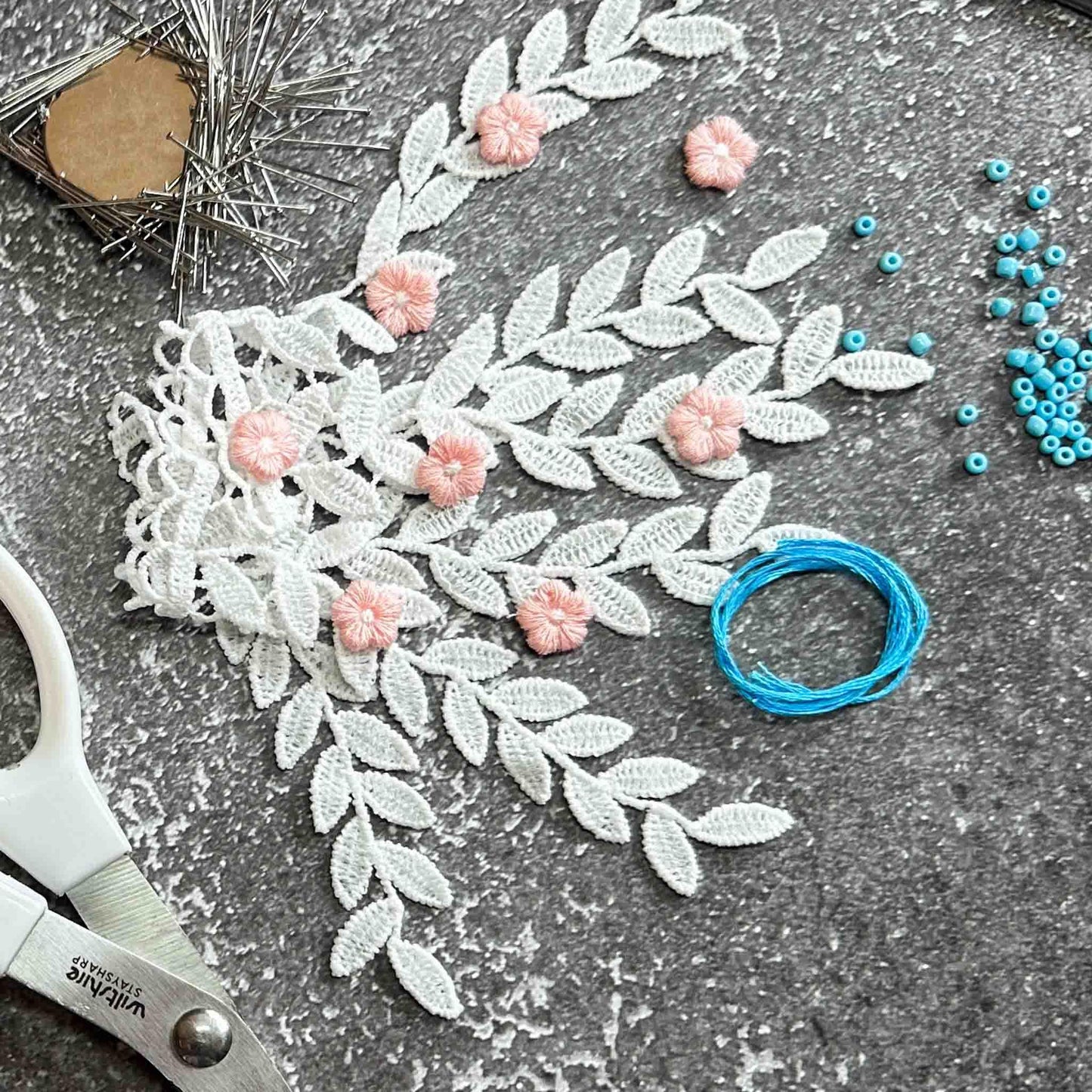 Christmas or Easter Beaded Ornament Ball materials: flowers, trim, and beads. DIY. (Olive)