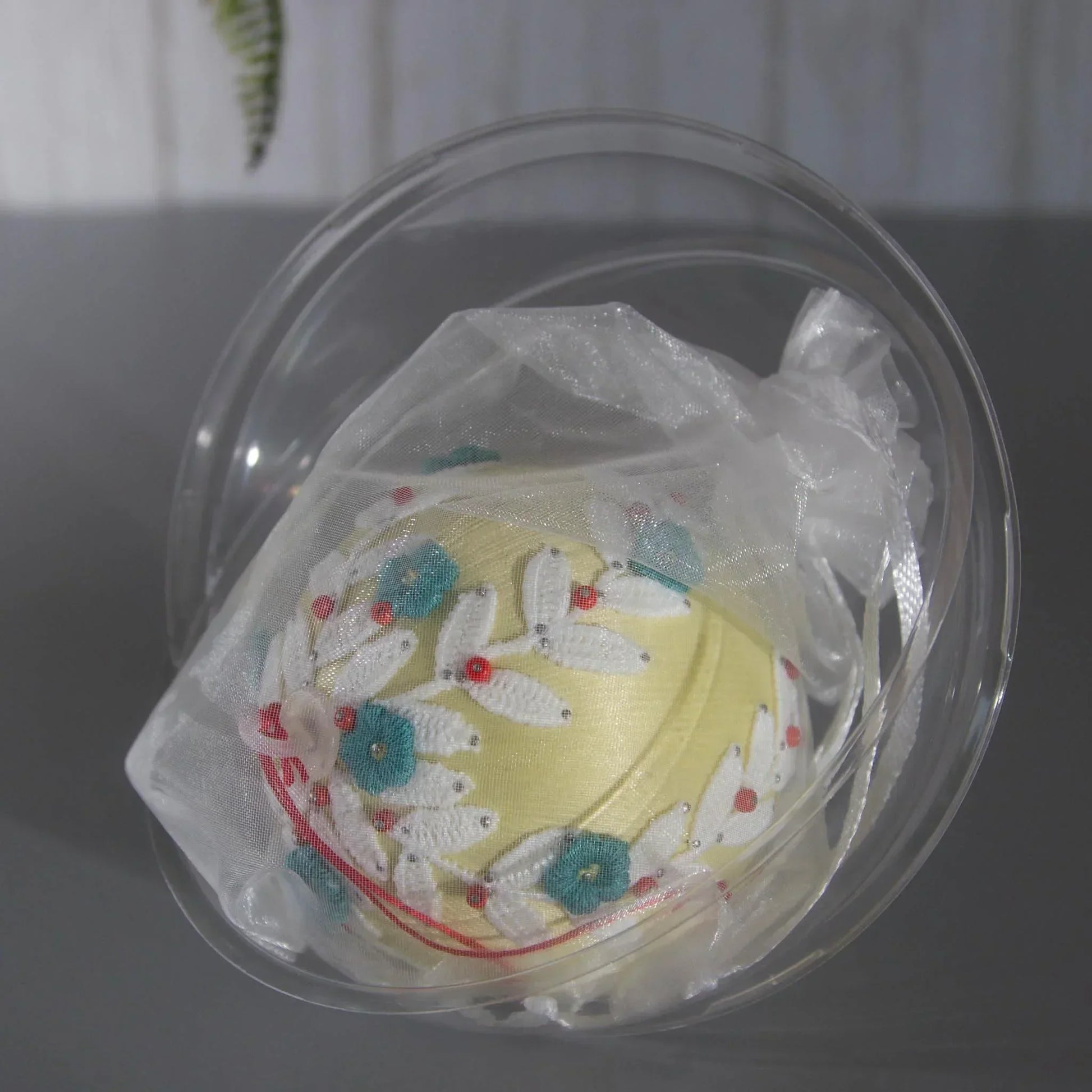 Christmas or Easter Beaded Ornament Ball embellished with flowers, trim, and beads. Handmade. Packaging. (Khaki).