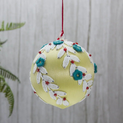 Christmas or Easter Beaded Ornament Ball embellished with flowers, trim, and beads. Handmade. (Khaki).
