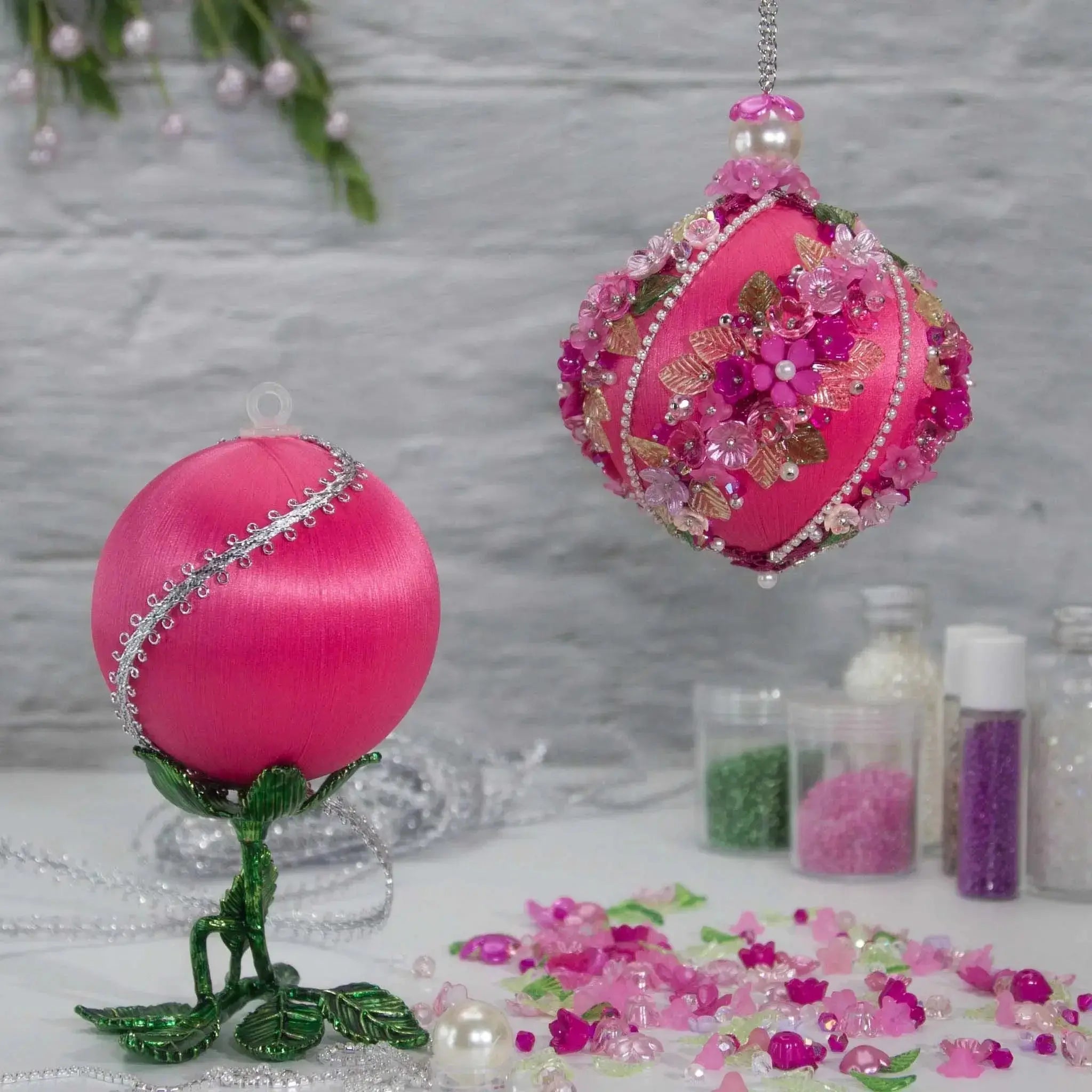Christmas or Easter Beaded Ornament Ball Kit Project, DIY using pins and embelishments. (Deep Pink).
