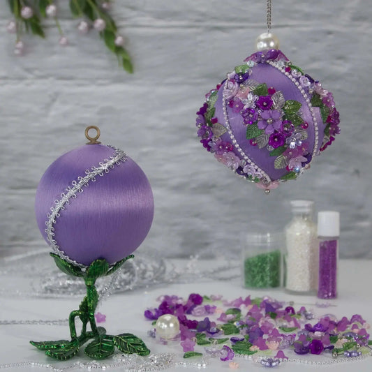 Christmas or Easter Beaded Ornament Ball embellished with flowers, trim, and beads. Handmade. Packaging. (Medium Purple).