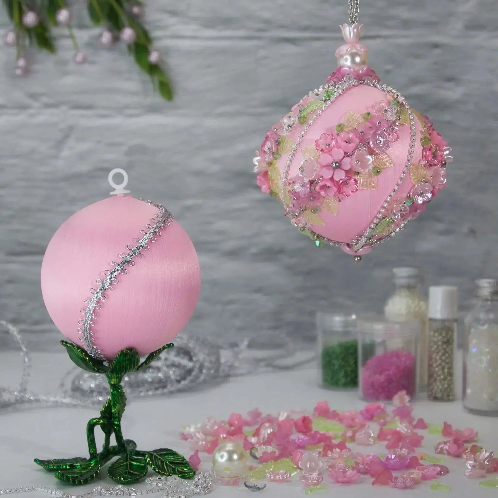 Christmas or Easter Beaded Ornament Ball Kit Project, DIY using pins and embelishments. (Light Pink).