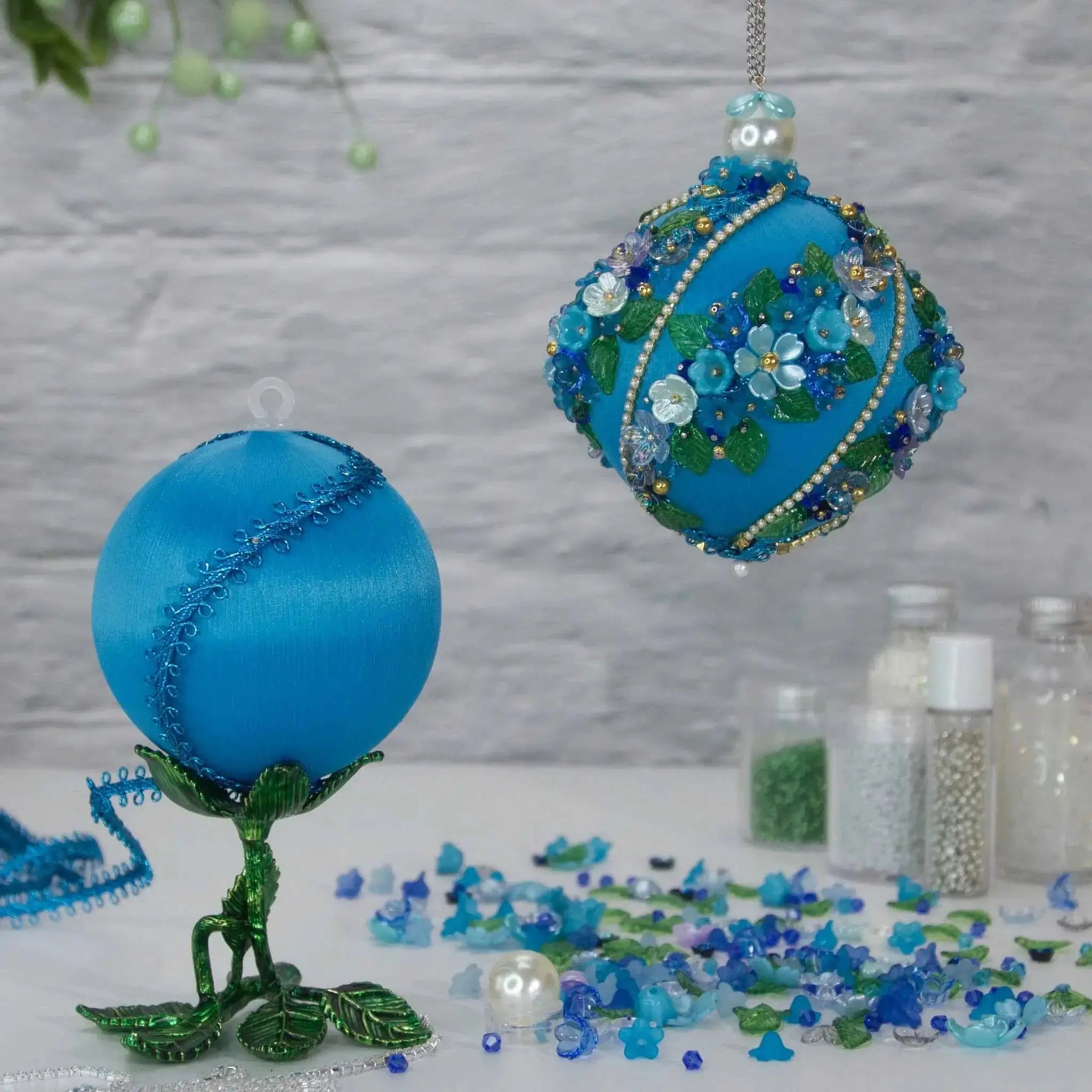 Christmas or Easter Beaded Satin Ornament Ball Kit Project, DIY using pins and embellishments. (Sky Blue).