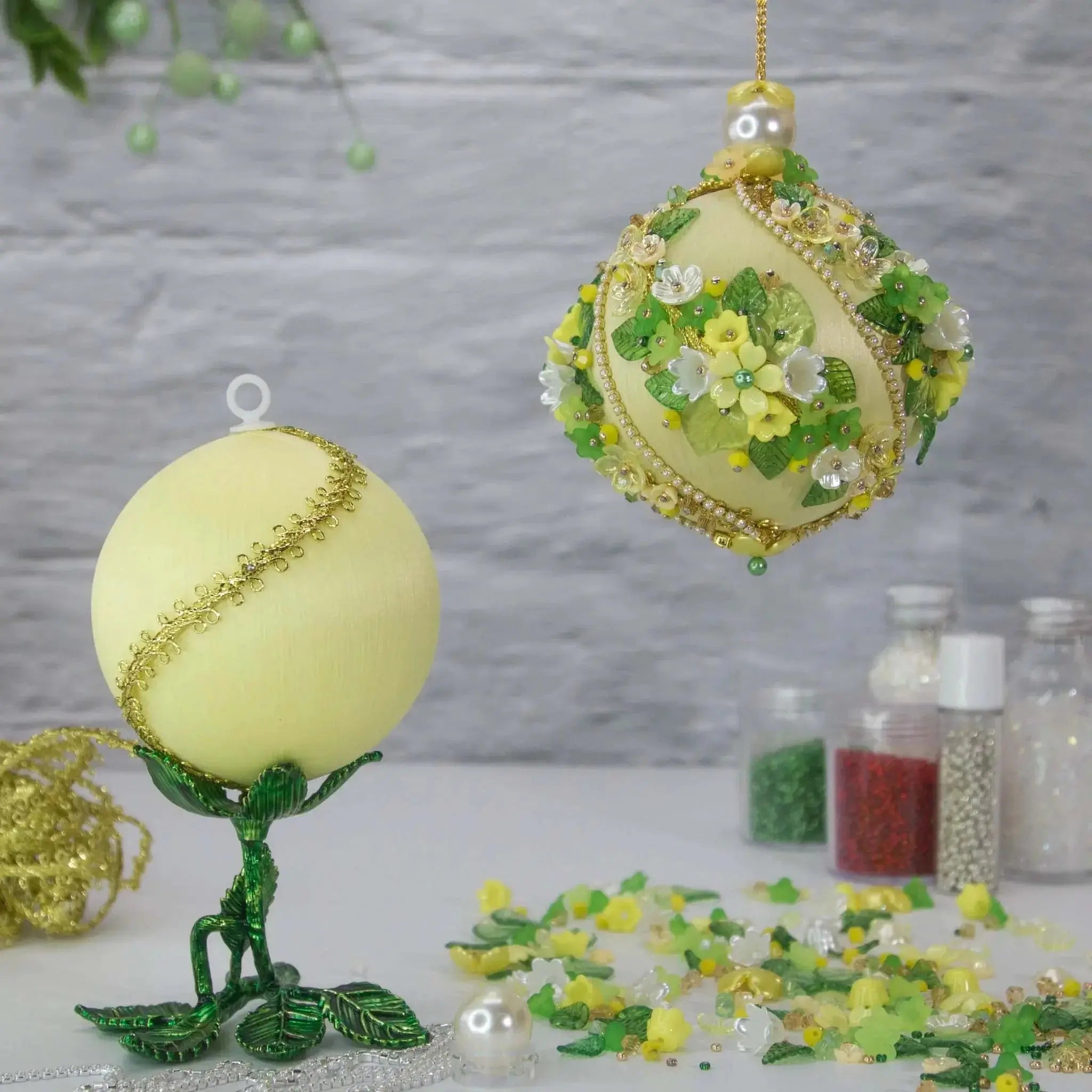 Christmas or Easter Beaded Ornament Ball Kit Project, DIY using pins and embelishments. (Light Yellow).