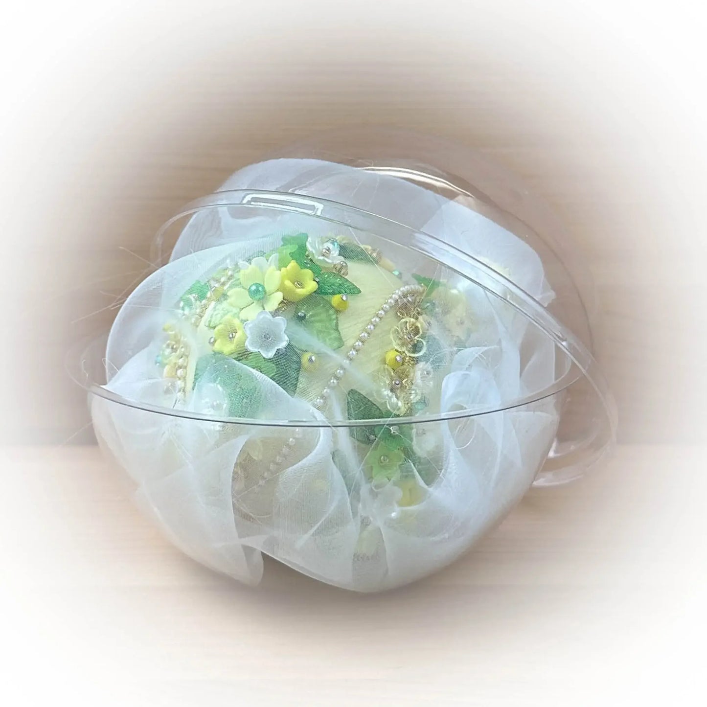 Christmas or Easter Beaded Ornament Ball embellished with acrylic  flowers, leaves, and crystal beads. Handmade. Package. (Light Yellow).
