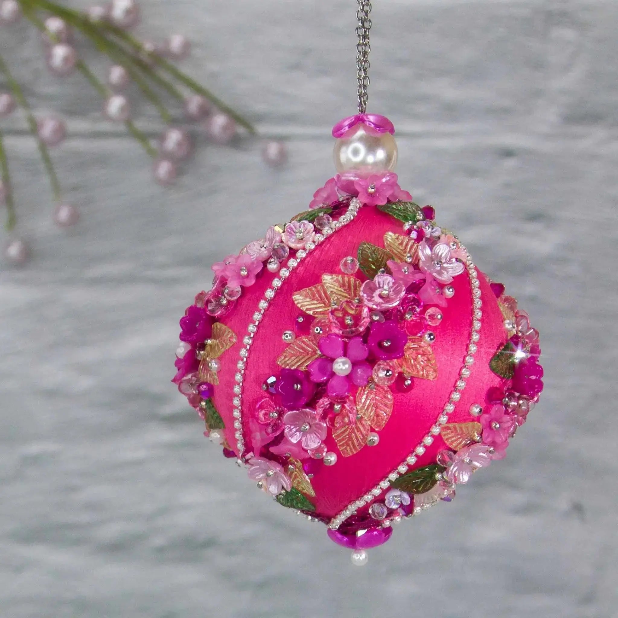 Christmas or Easter Beaded Ornament Ball embellished with acrylic  flowers, leaves, and crystal beads. Handmade.(Deep Pink).