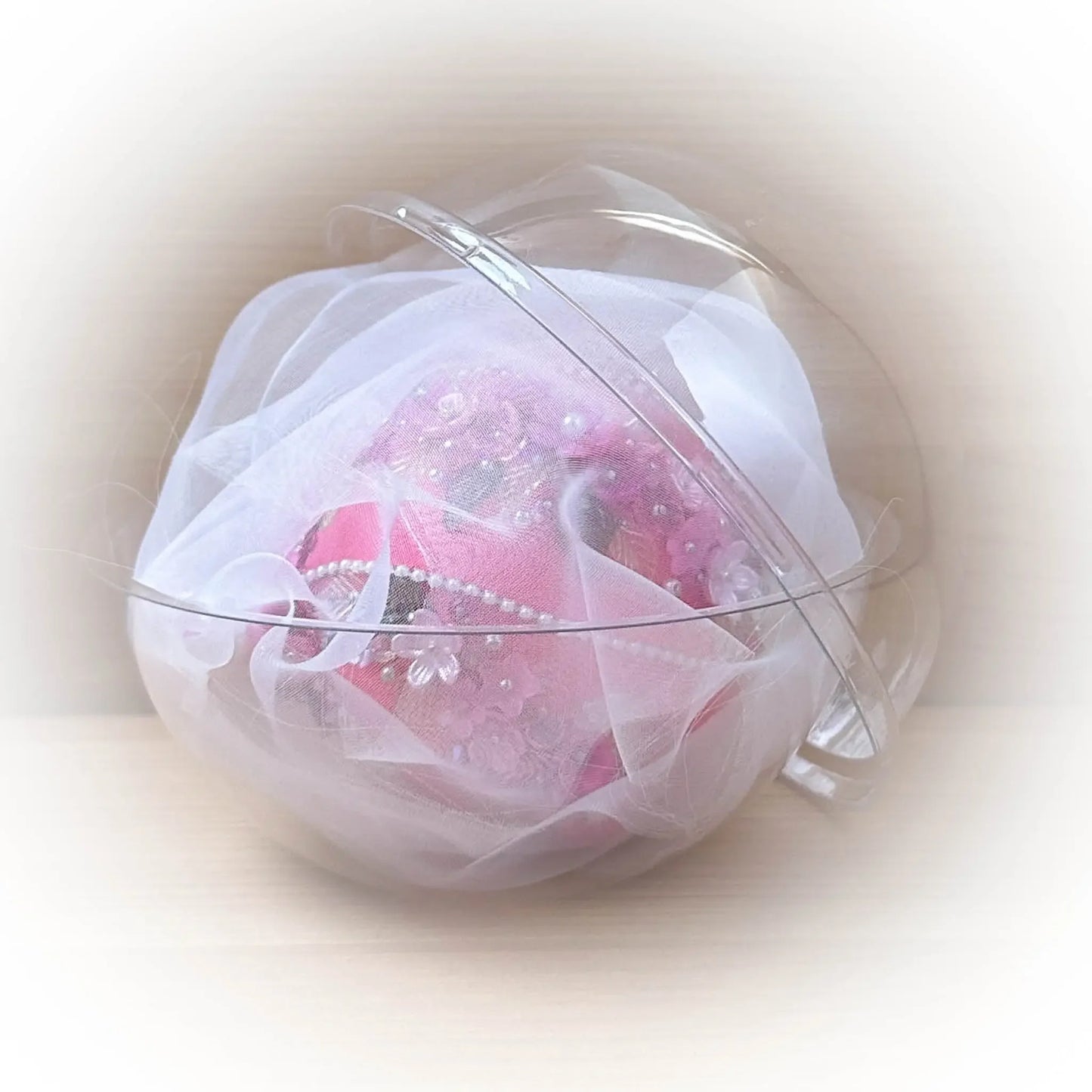 Christmas or Easter Beaded Ornament Ball embellished with acrylic  flowers, leaves, and crystal beads. Handmade. Packaging. (Deep Pink).