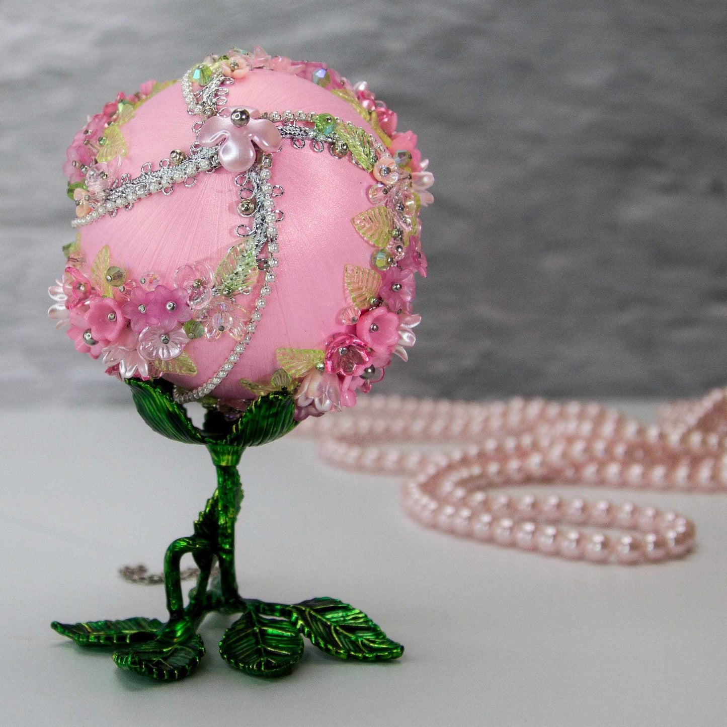Christmas or Easter Beaded Ornament Ball embellished with acrylic  flowers, leaves, and crystal beads. Handmade. Bottom Detail. (Light Pink).