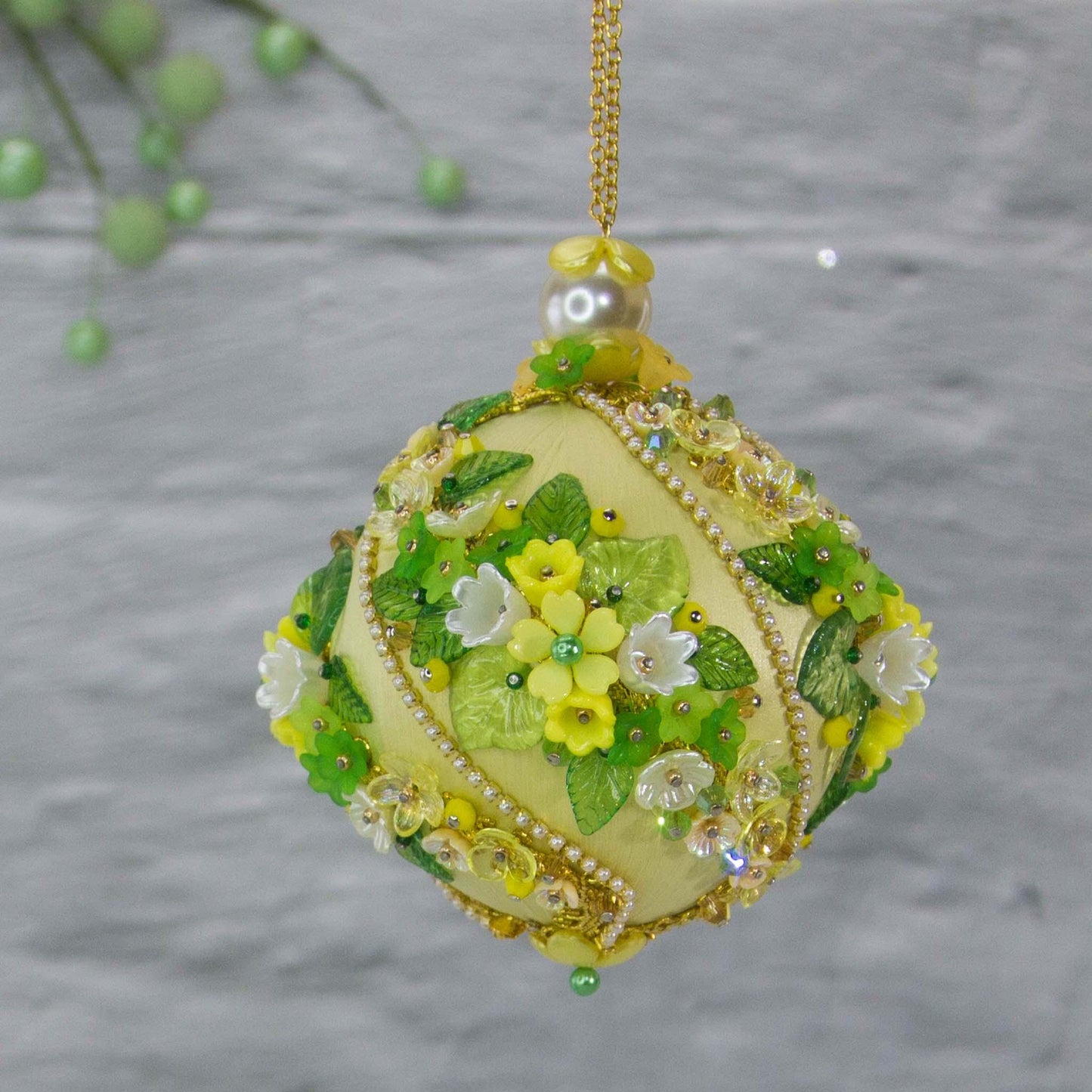 Christmas or Easter Beaded Satin Ornament Ball embellished with acrylic  flowers, leaves, and crystal beads. Handmade. (Light Yellow).