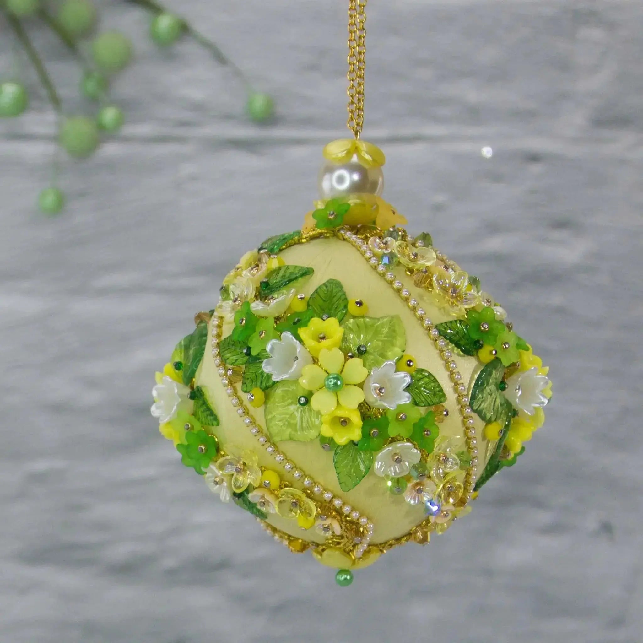 Christmas or Easter Beaded Satin Ornament Ball embellished with acrylic  flowers, leaves, and crystal beads. Handmade. (Light Yellow).