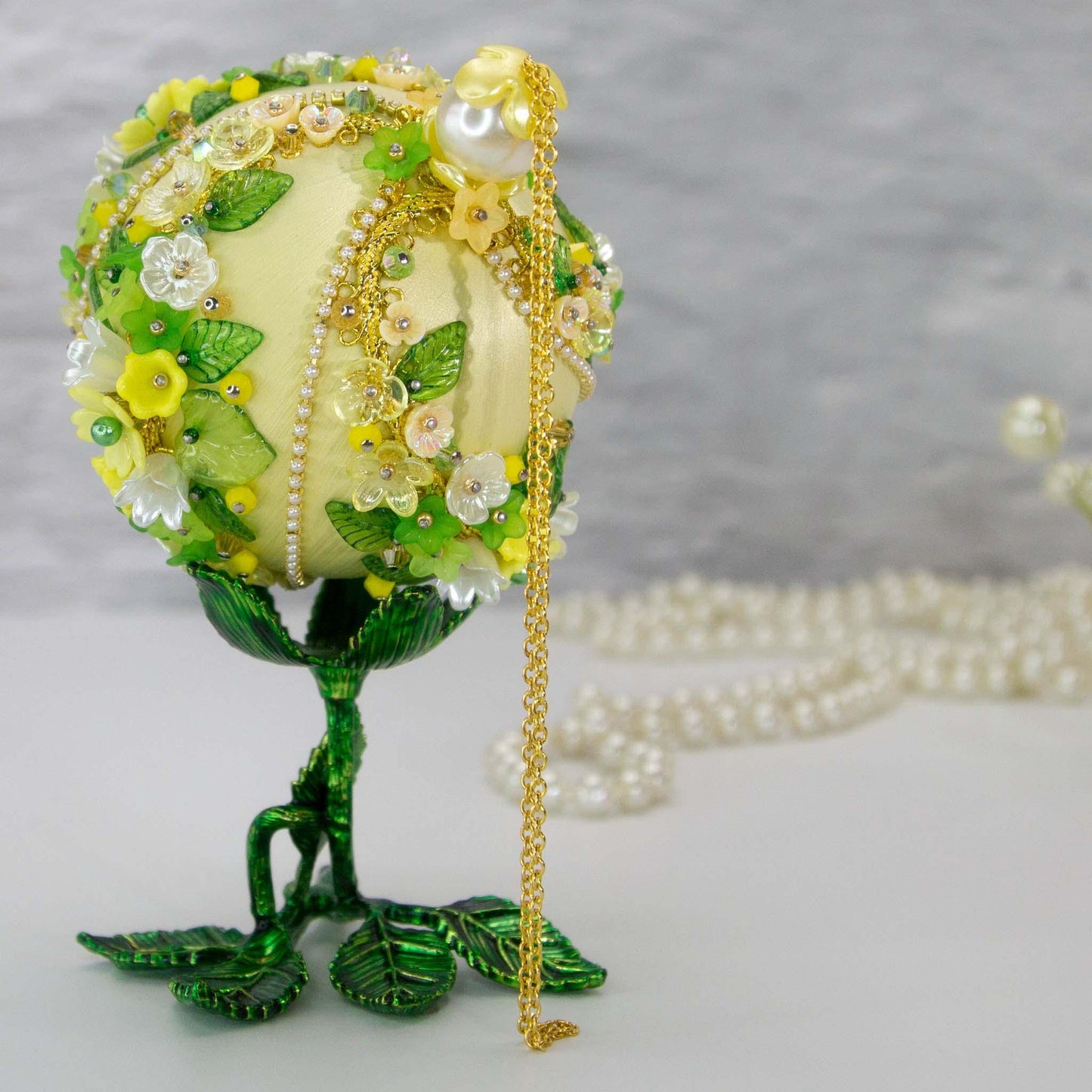Christmas or Easter Beaded Ornament Ball embellished with acrylic  flowers, leaves, and crystal beads. Handmade. Top detail. (Light Yellow).