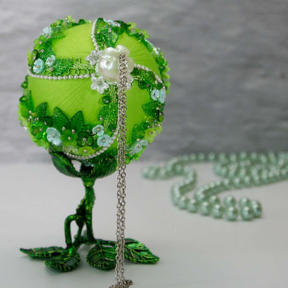 Christmas or Easter Beaded Ornament Ball embellished with acrylic  flowers, leaves, and crystal beads. Handmade. Top Detail.(Lime).