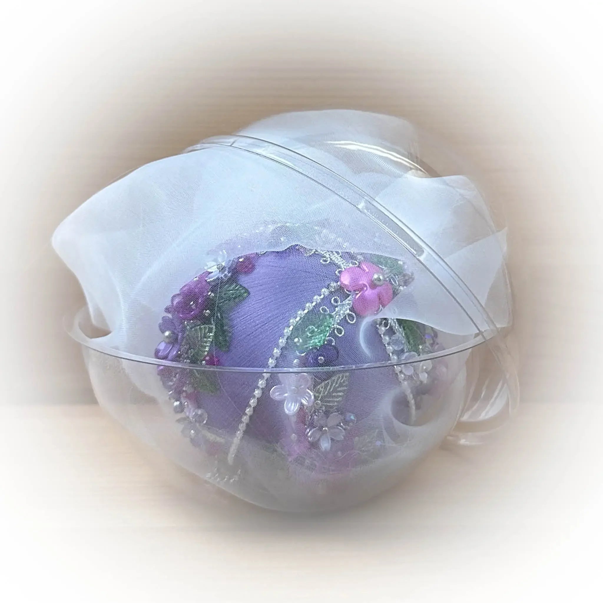 Christmas or Easter Beaded Satin Ornament Ball embellished with acrylic  flowers, leaves, and crystal beads. Handmade. (Medium Purple).