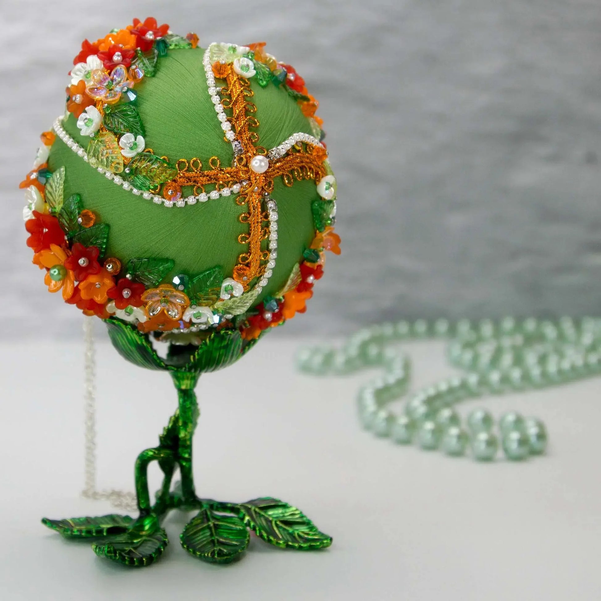 Christmas or Easter Beaded Ornament Ball embellished with acrylic  flowers, leaves, and crystal beads. Handmade. Bottom Detail. (Olive).