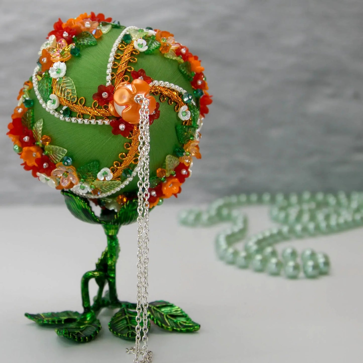 Christmas or Easter Beaded Ornament Ball embellished with acrylic  flowers, leaves, and crystal beads. Handmade. Top Detail. (Olive).