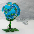 Load image into Gallery viewer, Christmas or Easter Beaded Ornament Ball embellished with acrylic  flowers, leaves, and crystal beads. Handmade Bottom detail. (Sky Blue).
