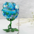 Load image into Gallery viewer, Christmas or Easter Beaded Satin Ornament Ball embellished with flowers, trim, and beads. Handmade. Top detail. (Sky Blue)
