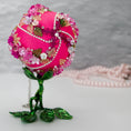 Load image into Gallery viewer, Christmas or Easter Beaded Ornament Ball embellished with acrylic  flowers, leaves, and crystal beads. Handmade. Bottom Detail. (Deep Pink).
