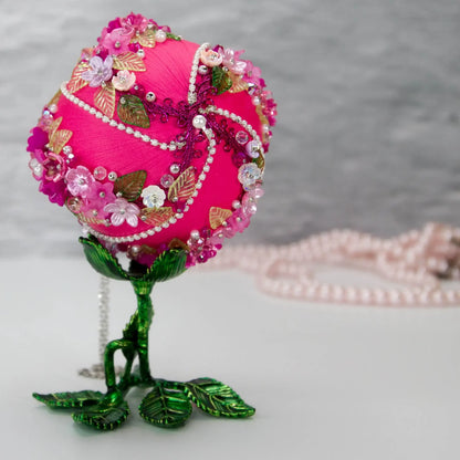 Christmas or Easter Beaded Ornament Ball embellished with acrylic  flowers, leaves, and crystal beads. Handmade. Bottom Detail. (Deep Pink).