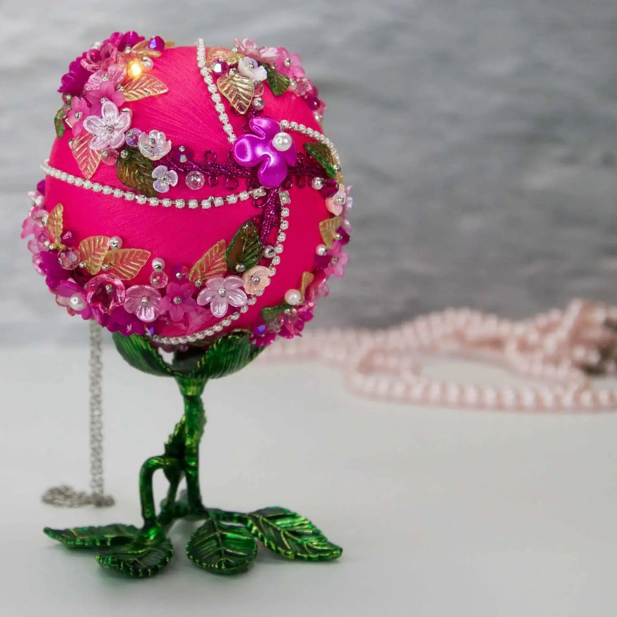 Christmas or Easter Beaded Ornament Ball embellished with acrylic  flowers, leaves, and crystal beads. Handmade. Bottom Detail. (Deep Pink).