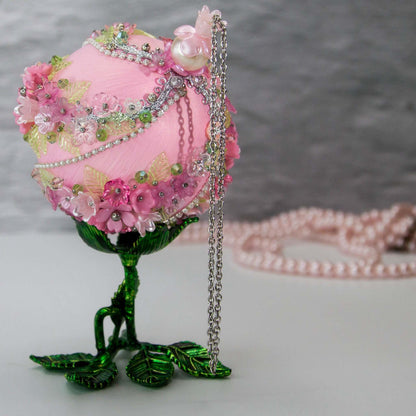 Christmas or Easter Beaded Satin Ornament Ball embellished with acrylic  flowers, leaves, and crystal beads. Handmade. Top Detail.(Light Pink).