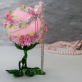 Load image into Gallery viewer, Christmas or Easter Beaded Satin Ornament Ball embellished with acrylic  flowers, leaves, and crystal beads. Handmade. Top Detail.(Light Pink).
