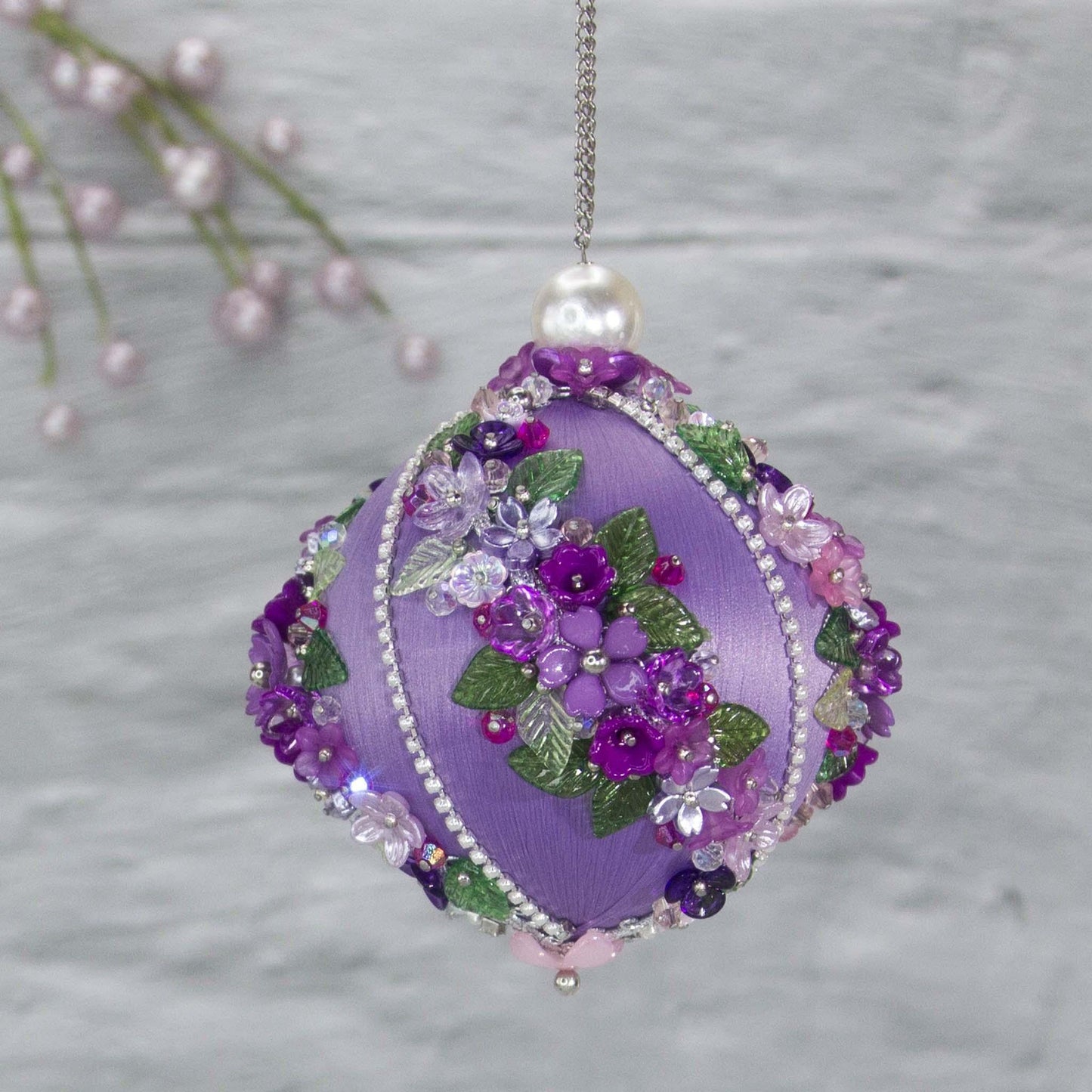 Christmas or Easter Beaded Ornament Ball embellished with acrylic  flowers, leaves, and crystal beads. Handmade. (Medium Purple).