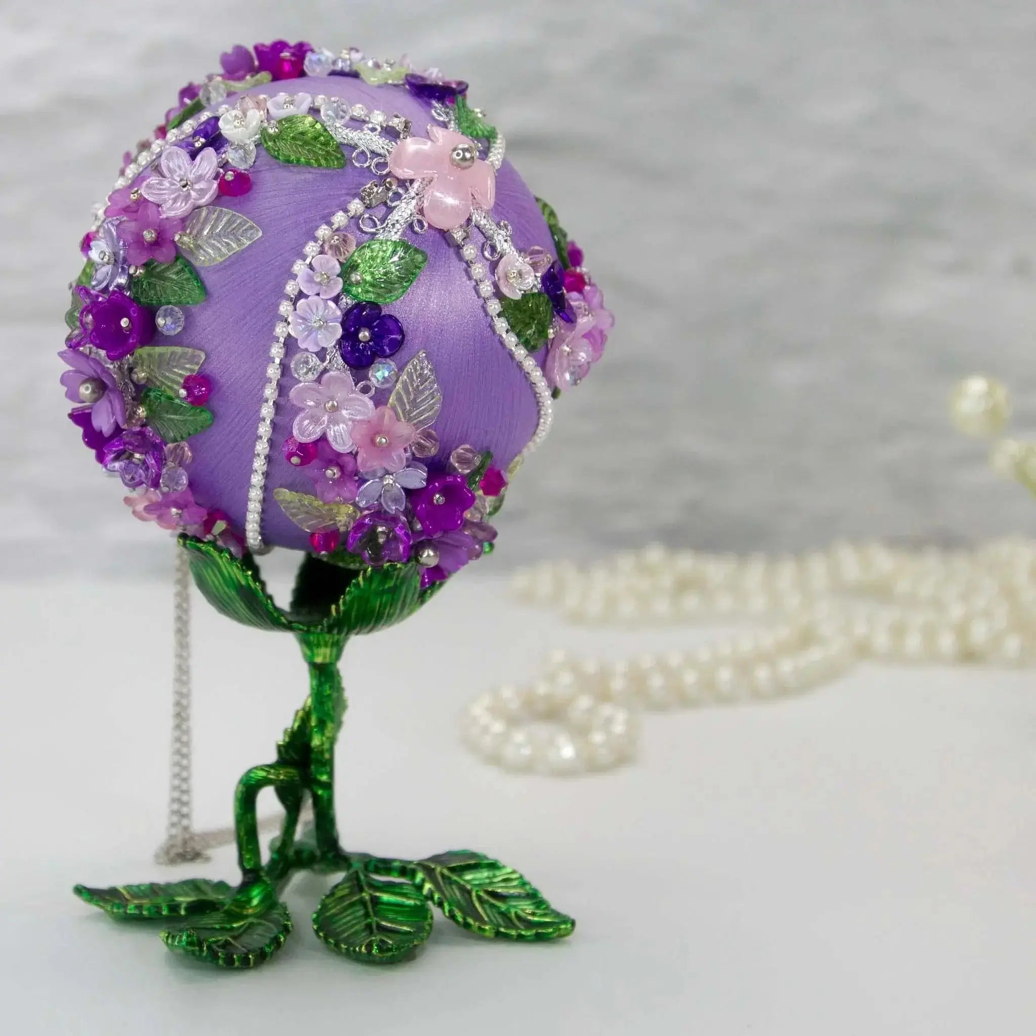 Christmas or Easter Beaded Ornament Ball embellished with flowers, trim, and beads. Handmade. Bottom detail. (Medium Purple).