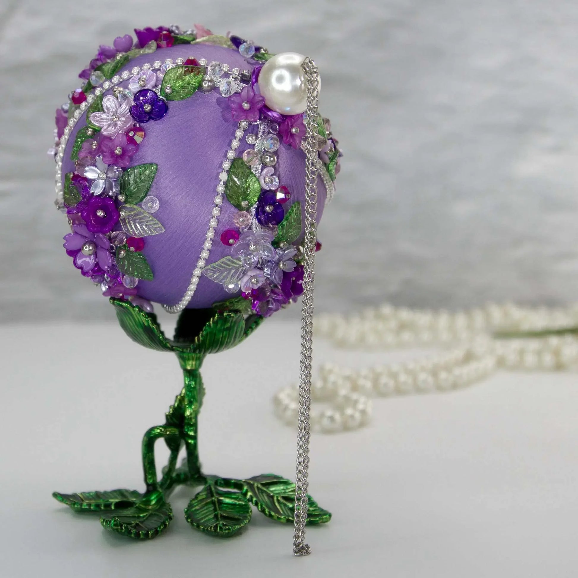 Christmas or Easter Beaded Ornament Ball embellished with acrylic  flowers, leaves, and crystal beads. Handmade. Top Detail. (Medium Purple).