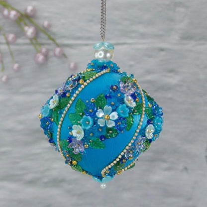 Christmas or Easter Beaded Satin Ornament Ball embellished with acrylic  flowers, leaves, and crystal beads. Handmade. (Sky Blue)