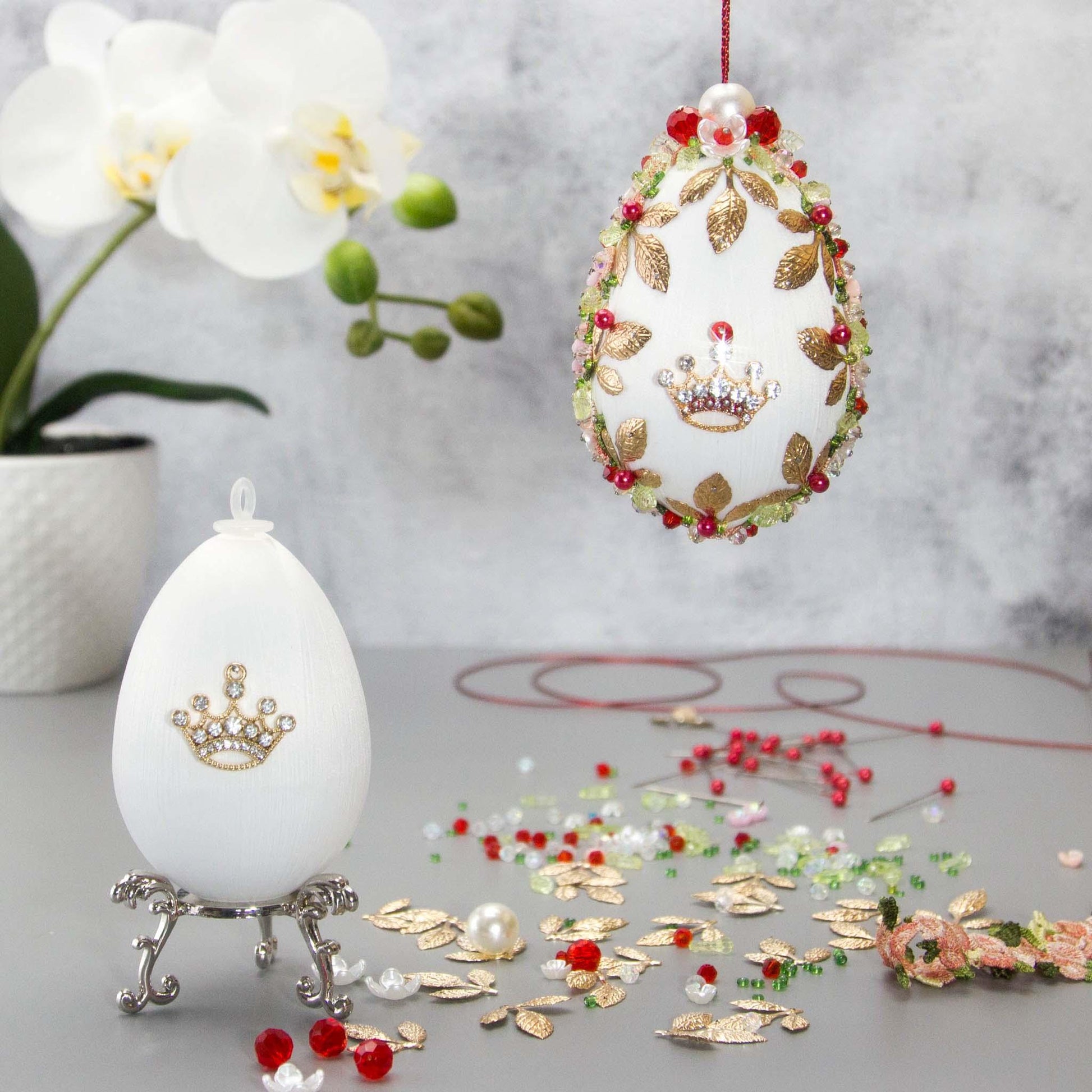 Complete Kit to make Easter Egg Beaded Ornament embellished with flowers, leaves, gold floral trim, cameo, and crystal beads. DIY. (White).