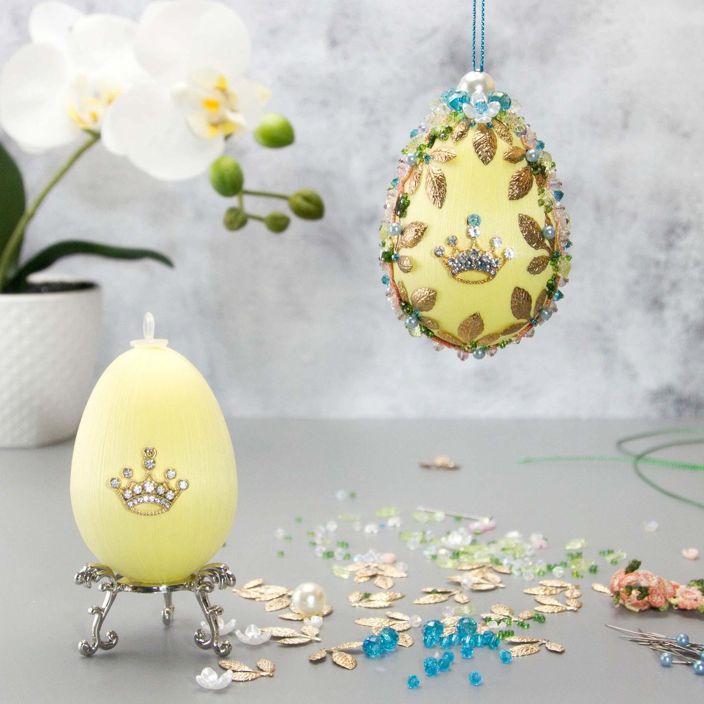 Complete Kit to make Easter Egg Beaded Ornament embellished with flowers, leaves, gold floral trim, cameo, and crystal beads. DIY. (Light Yellow).
