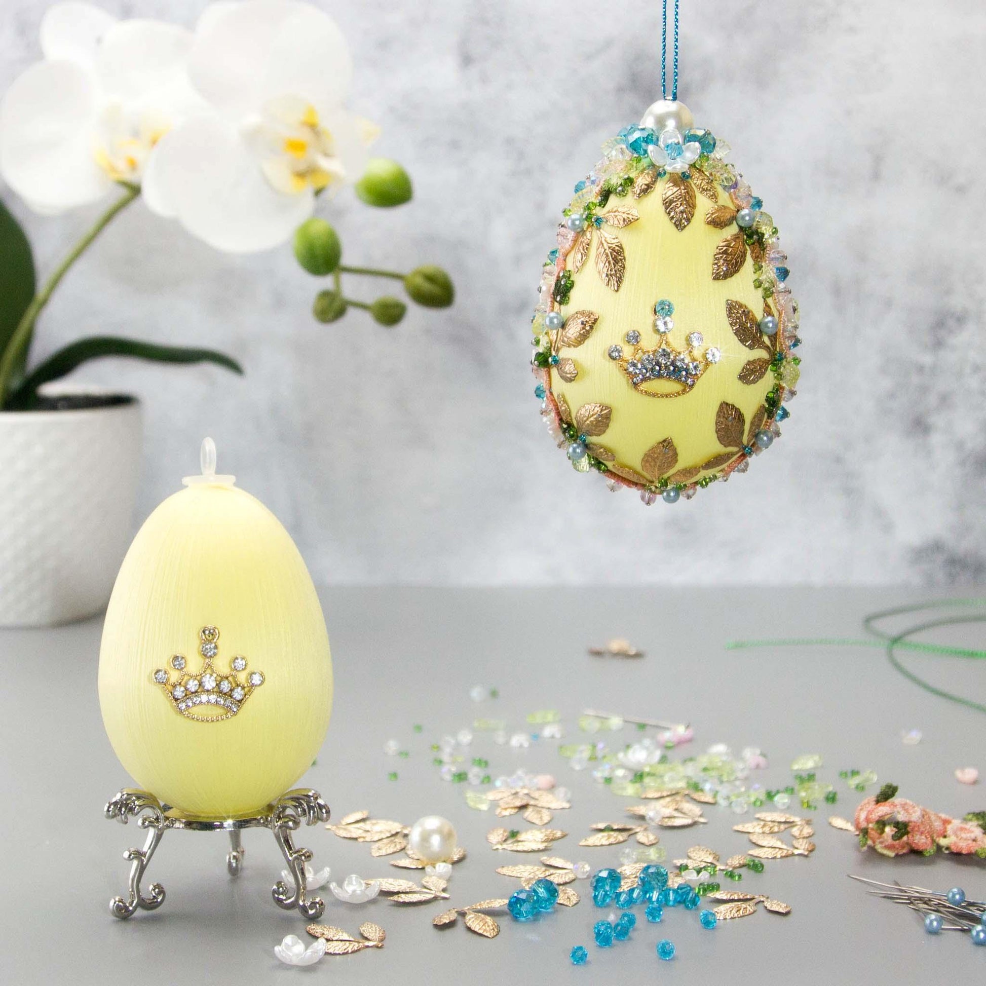 Complete Kit to make Easter Egg Beaded Ornament embellished with flowers, leaves, gold floral trim, cameo, and crystal beads. DIY. (Light Yellow).