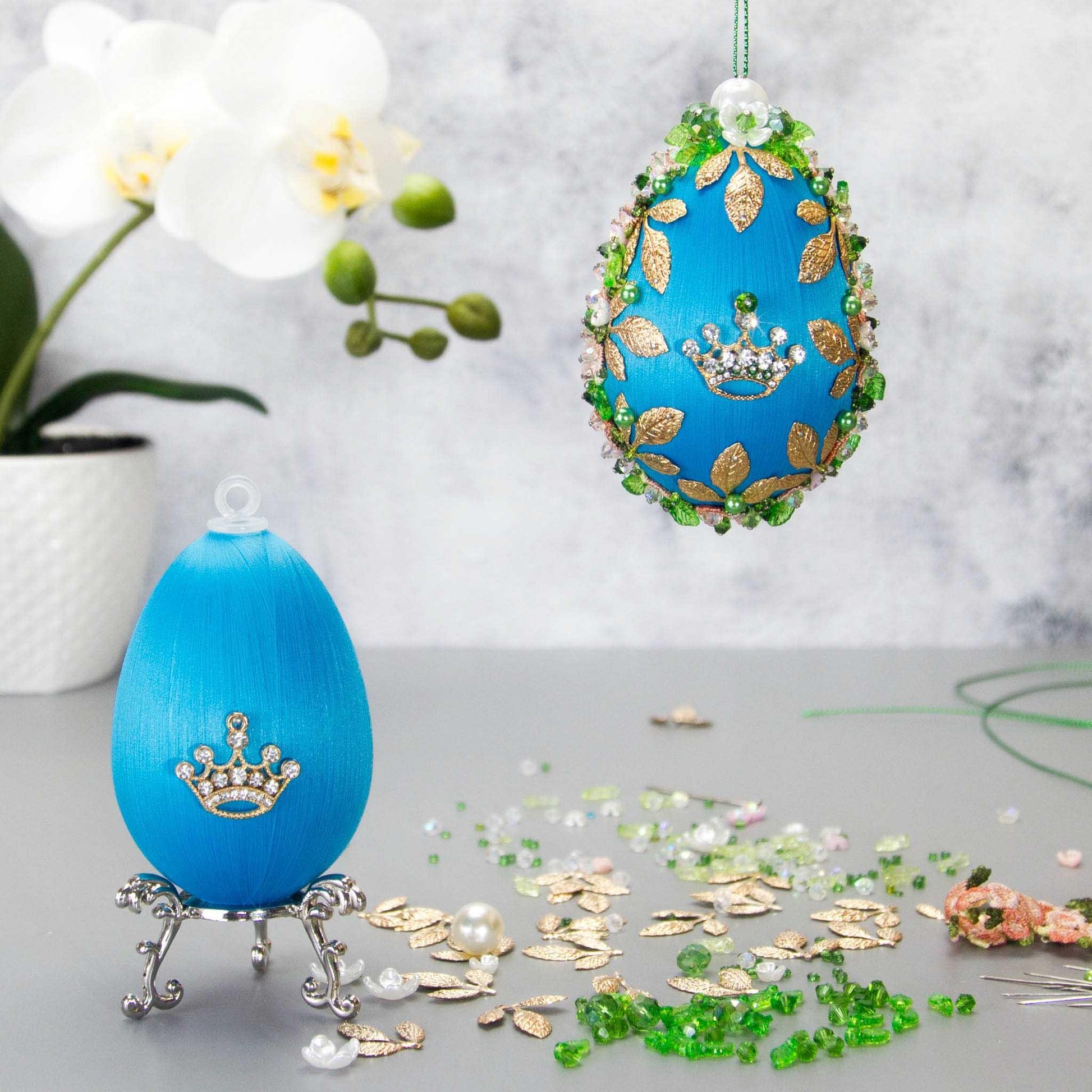 Complete Kit to make Easter Egg Beaded Ornament embellished with flowers, leaves, gold floral trim, cameo, and crystal beads. DIY. (Sky Blue).