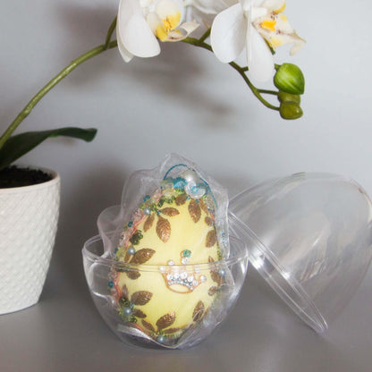 Handmade Easter Egg Ornament embellished with gold crown, beads, alloy leaf charms in an egg-shaped storage container. (Light Yellow).