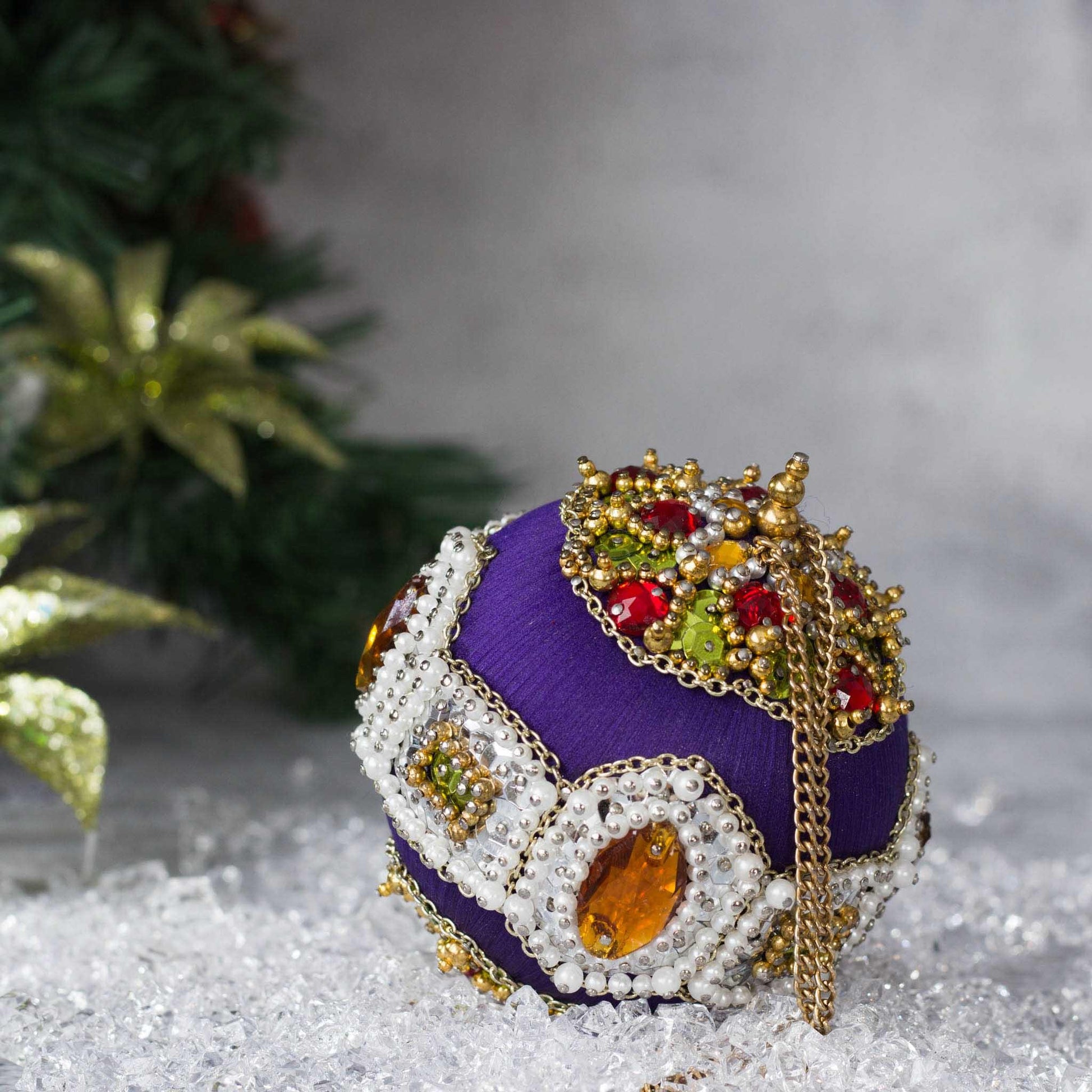 Christmas  Beaded Satin Ornament Ball Kit Project, Top detail. (Indigo).