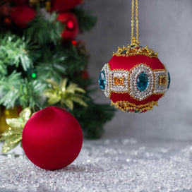 Christmas  Beaded Satin Ornament Ball Kit Project, DIY pins and embellishments. (Dark Red).