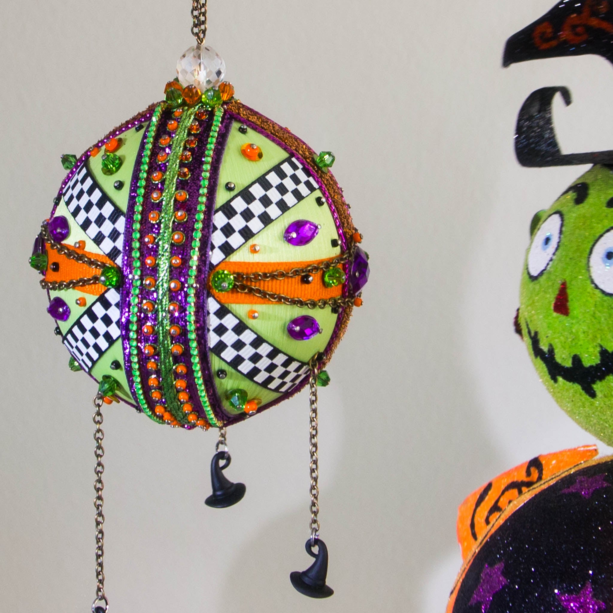 Handmade Beaded Halloween Ornament #3 Lime Green Satin Ball