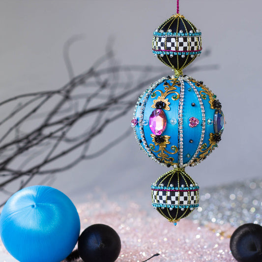 Christmas  Beaded Satin Ornament Ball Kit Project, DIY using pins and embellishments. (Sky Blue).