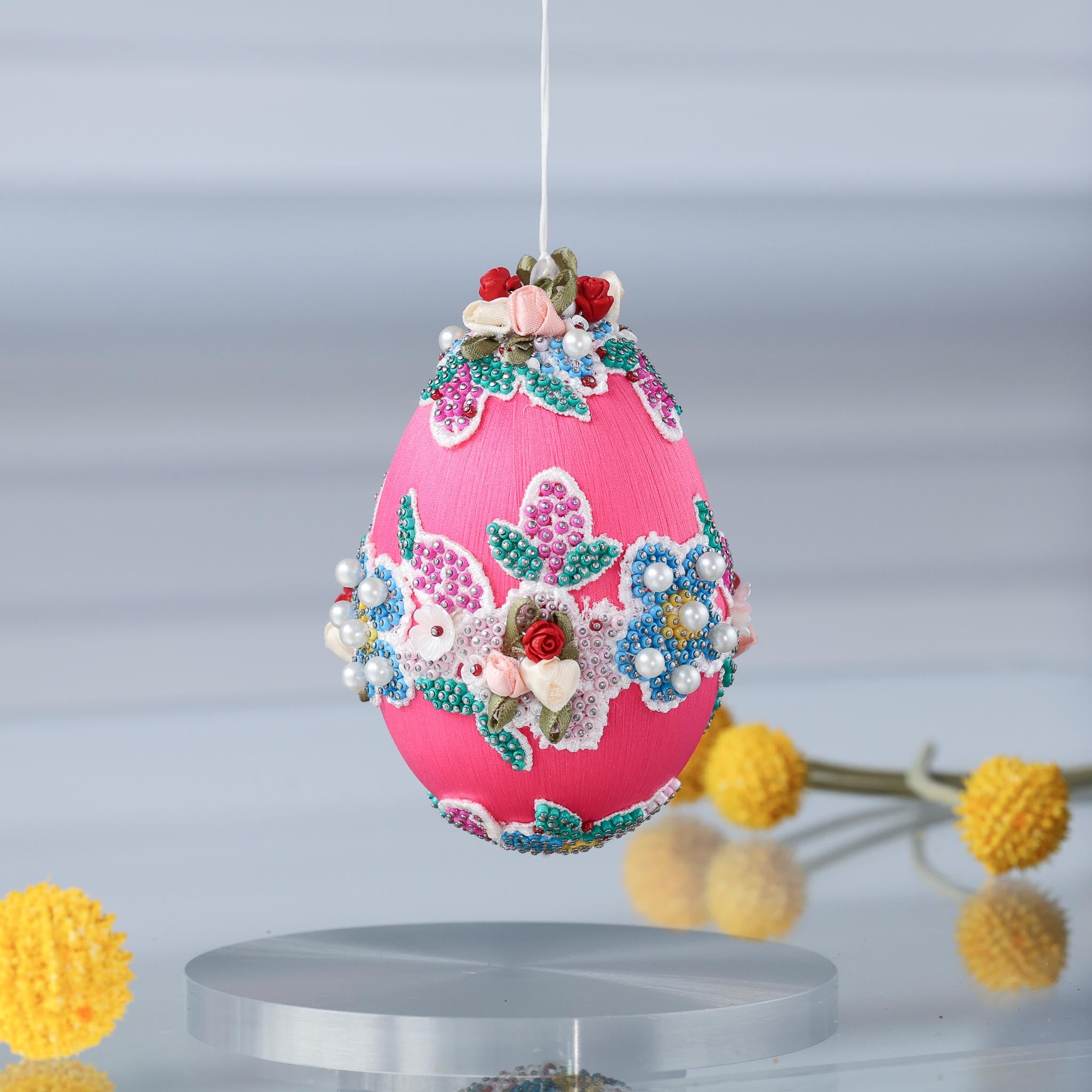 Handmade Easter Egg Beaded Ornament Vintage Doily