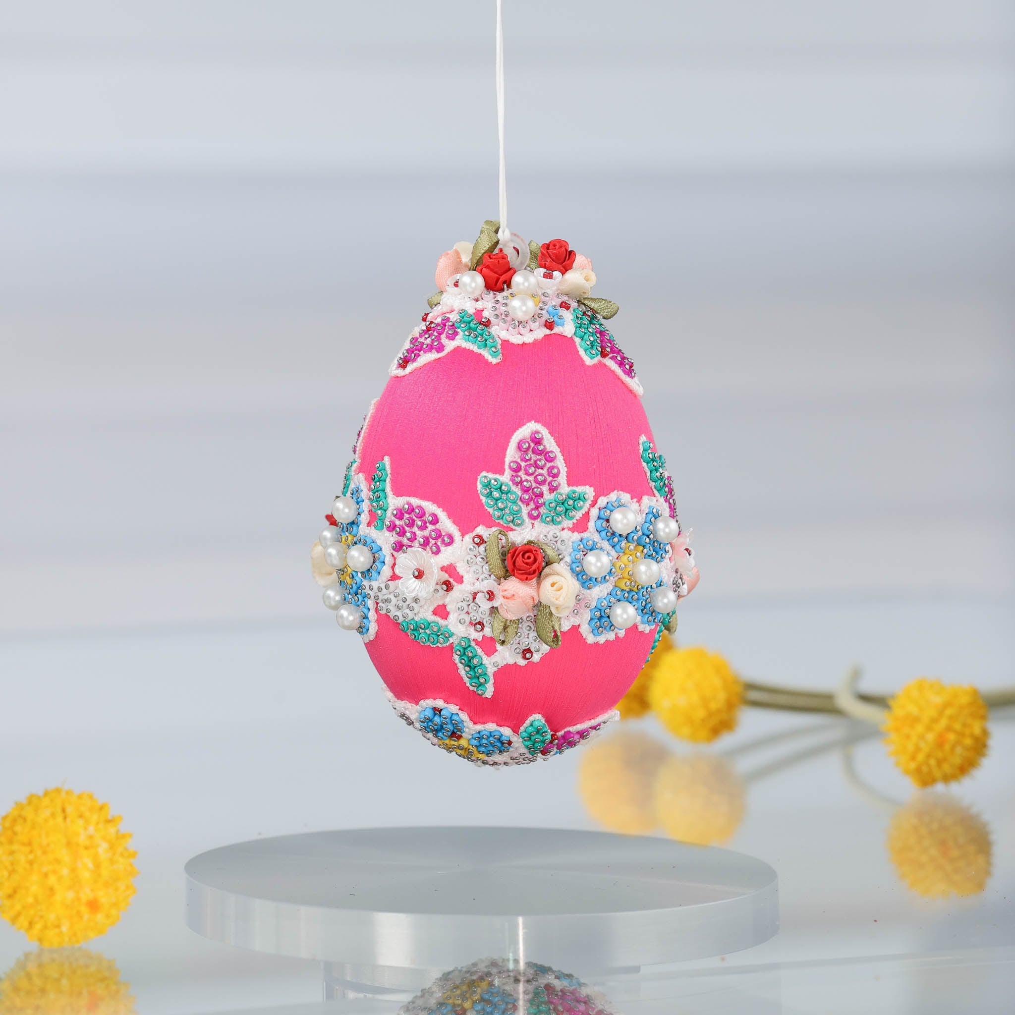 Handmade Easter Egg Beaded Ornament Vintage Doily