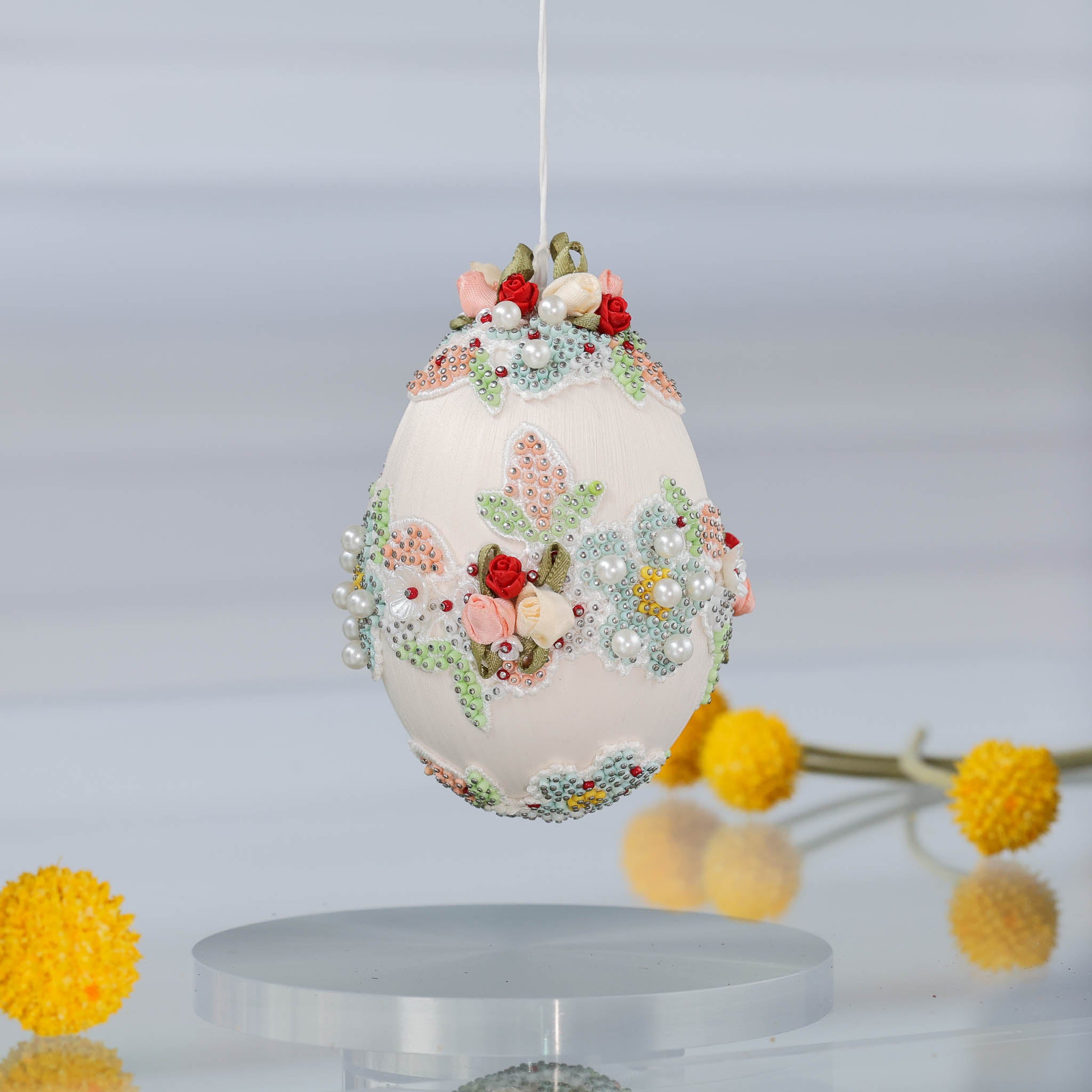 Handmade Easter Egg Beaded Ornament Vintage Doily
