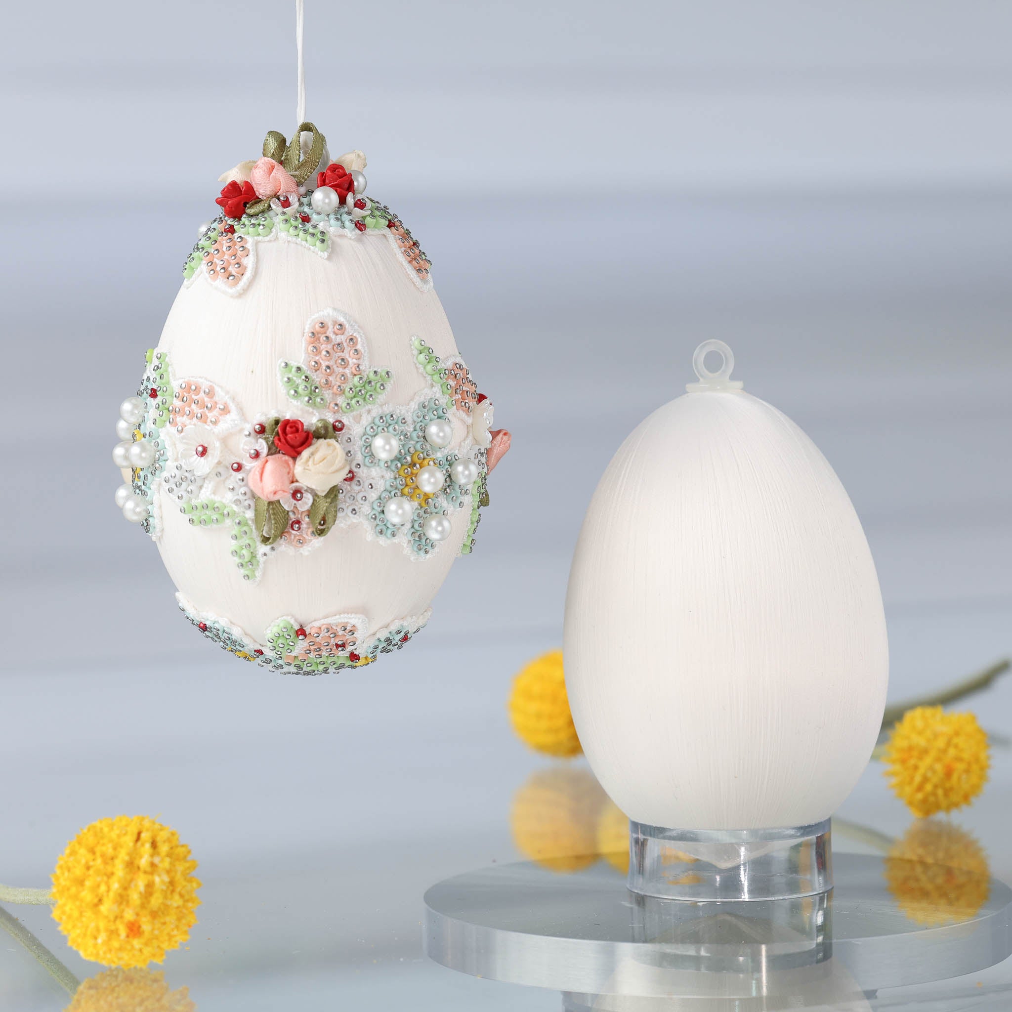 Handmade Easter Egg Beaded Ornament Vintage Doily