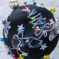 Load image into Gallery viewer, Close-up of a satin beaded ornament Jingle Bells, handmade black Christmas push pin decoration, featuring large glass beads, sparkling silver trim, sequins, and alloy snowflakes.
