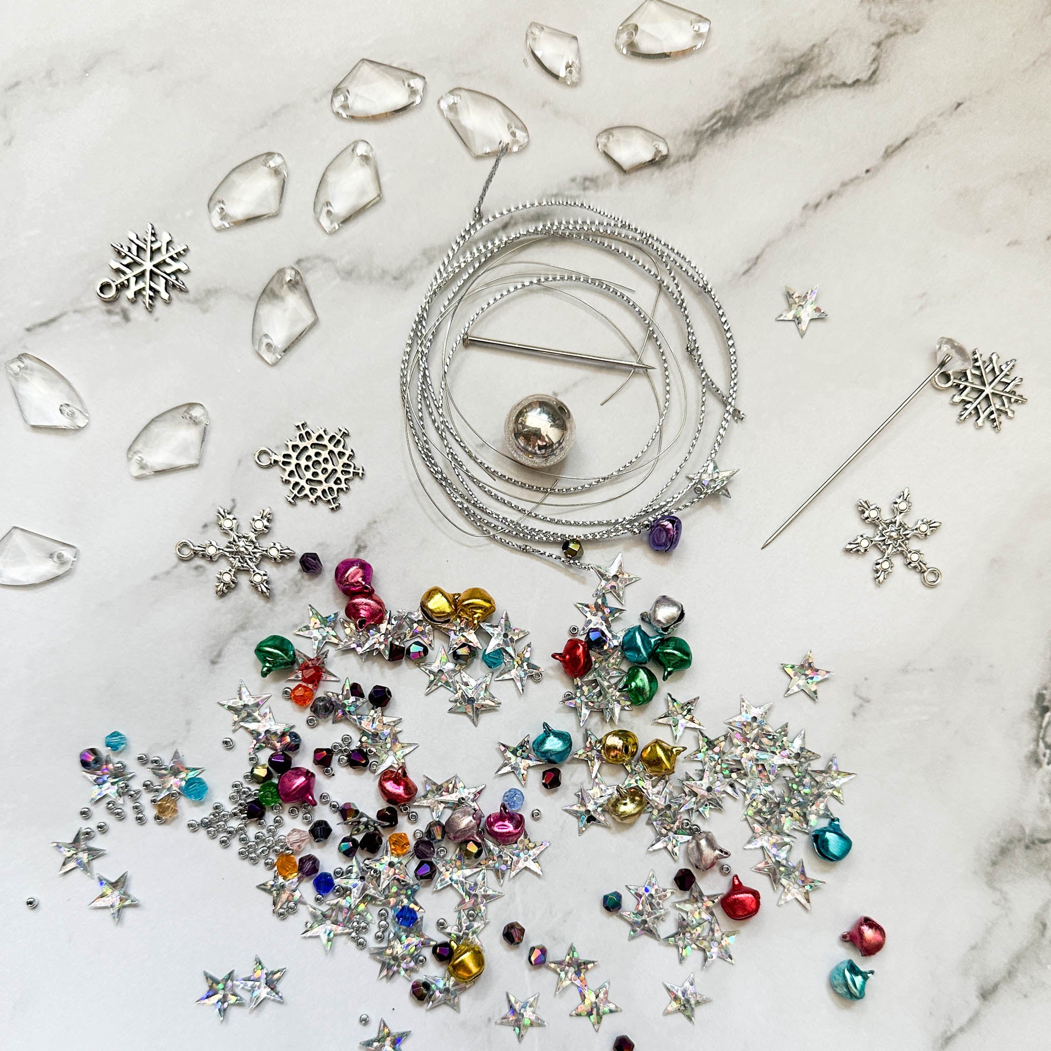 Jingle Bells Christmas Satin Ornament Kit-Materials include metallic cord, satin ball, sequins, crystal beads, rhinestones, and  alloy snowflakes.